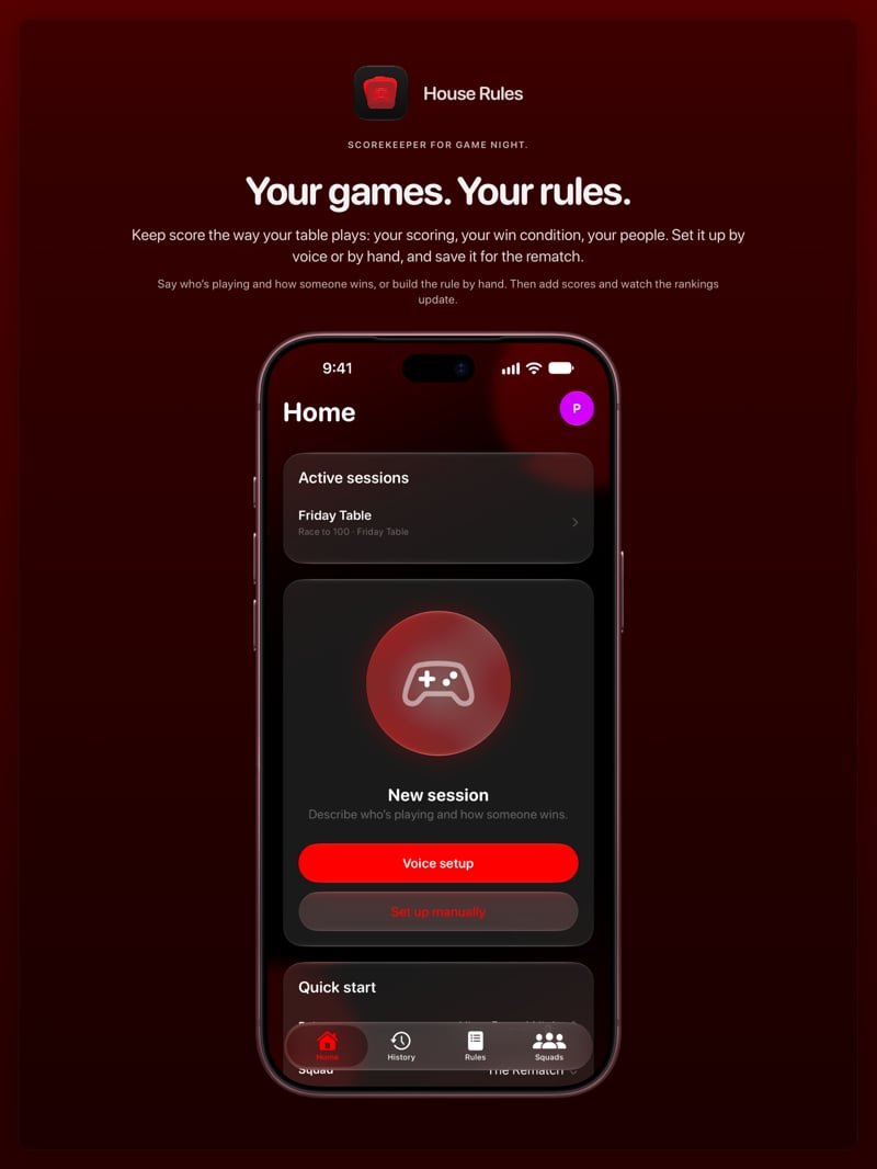 The House Rules share image, showing the app on iPhone 18 Pro Max with its icon, name and headline for the Friday Table session, in the Red tint, dark appearance.