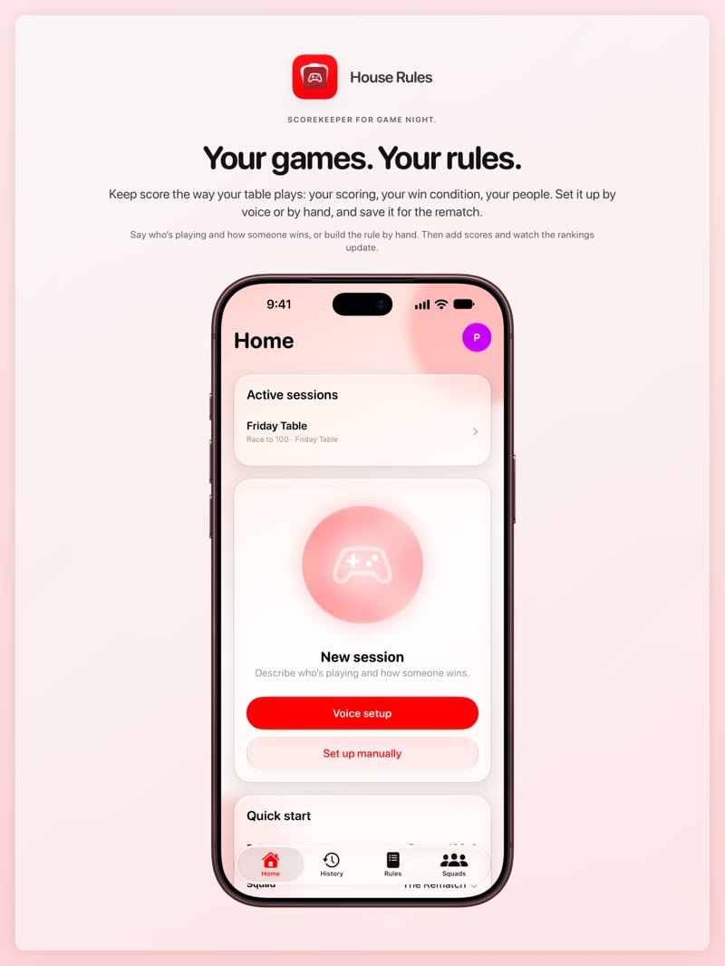 The House Rules share image, showing the app on iPhone 18 Pro Max with its icon, name and headline for the Friday Table session, in the Red tint, light appearance.