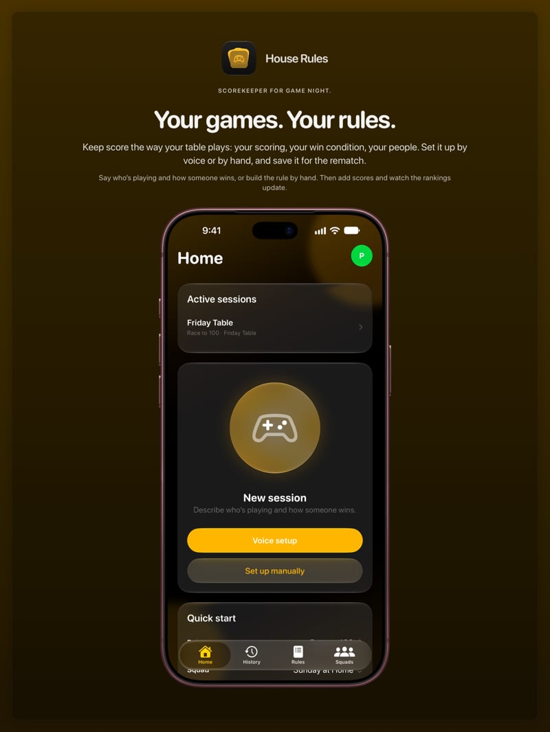 The House Rules share image, showing the app on iPhone 18 Pro Max with its icon, name and headline for the Friday Table session, in the Yellow tint, dark appearance.