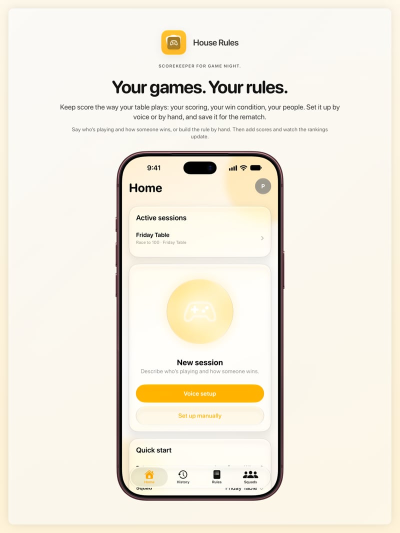 The House Rules share image, showing the app on iPhone 18 Pro Max with its icon, name and headline for the Friday Table session, in the Yellow tint, light appearance.