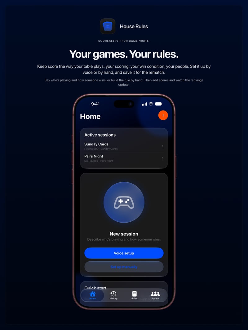 The House Rules share image, showing the app on iPhone 18 Pro Max with its icon, name and headline for the Sunday Cards session, in the Blue tint, dark appearance.