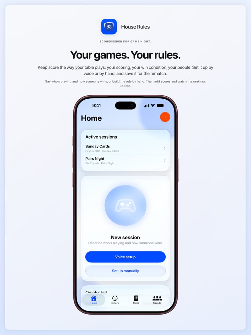 The House Rules share image, showing the app on iPhone 18 Pro Max with its icon, name and headline for the Sunday Cards session, in the Blue tint, light appearance.