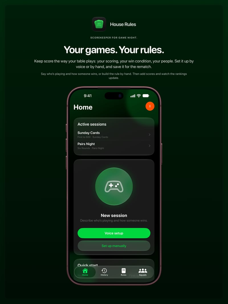 The House Rules share image, showing the app on iPhone 18 Pro Max with its icon, name and headline for the Sunday Cards session, in the Green tint, dark appearance.