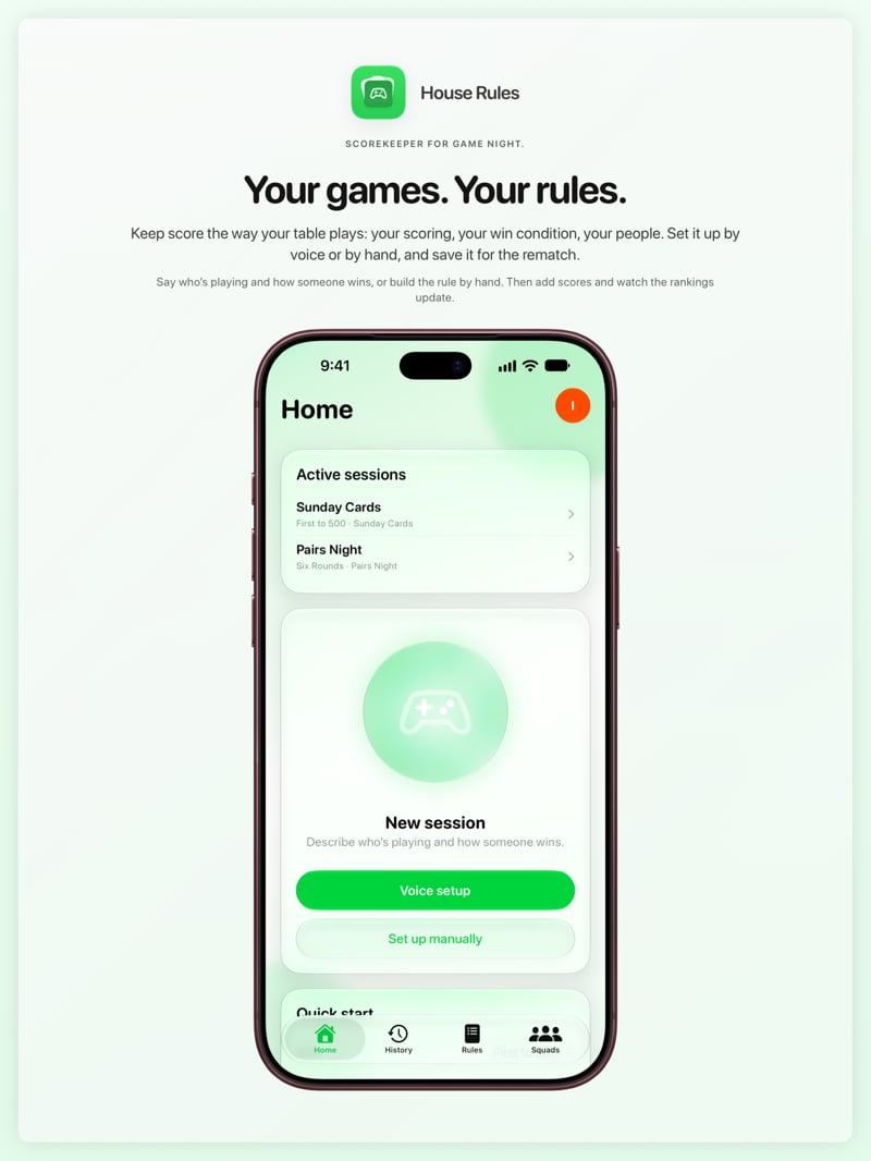The House Rules share image, showing the app on iPhone 18 Pro Max with its icon, name and headline for the Sunday Cards session, in the Green tint, light appearance.