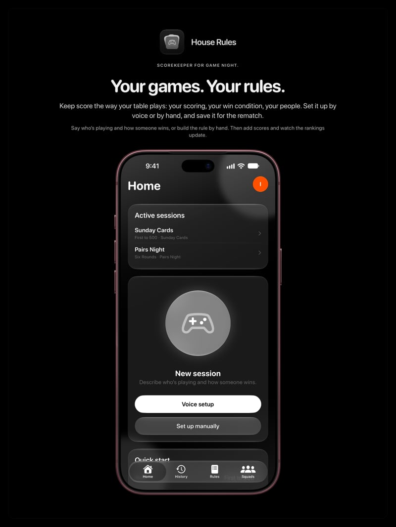 The House Rules share image, showing the app on iPhone 18 Pro Max with its icon, name and headline for the Sunday Cards session, in the Grey tint, dark appearance.