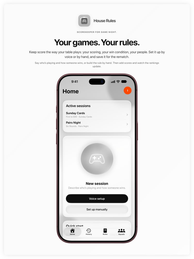 The House Rules share image, showing the app on iPhone 18 Pro Max with its icon, name and headline for the Sunday Cards session, in the Grey tint, light appearance.
