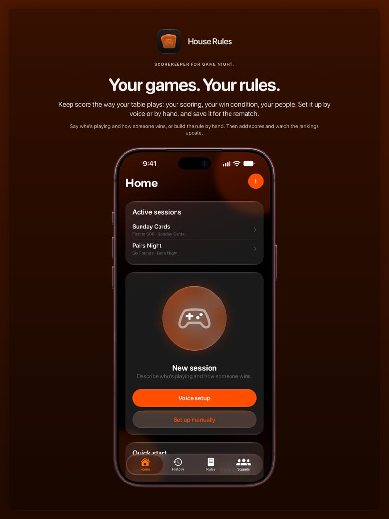 The House Rules share image, showing the app on iPhone 18 Pro Max with its icon, name and headline for the Sunday Cards session, in the Orange tint, dark appearance.