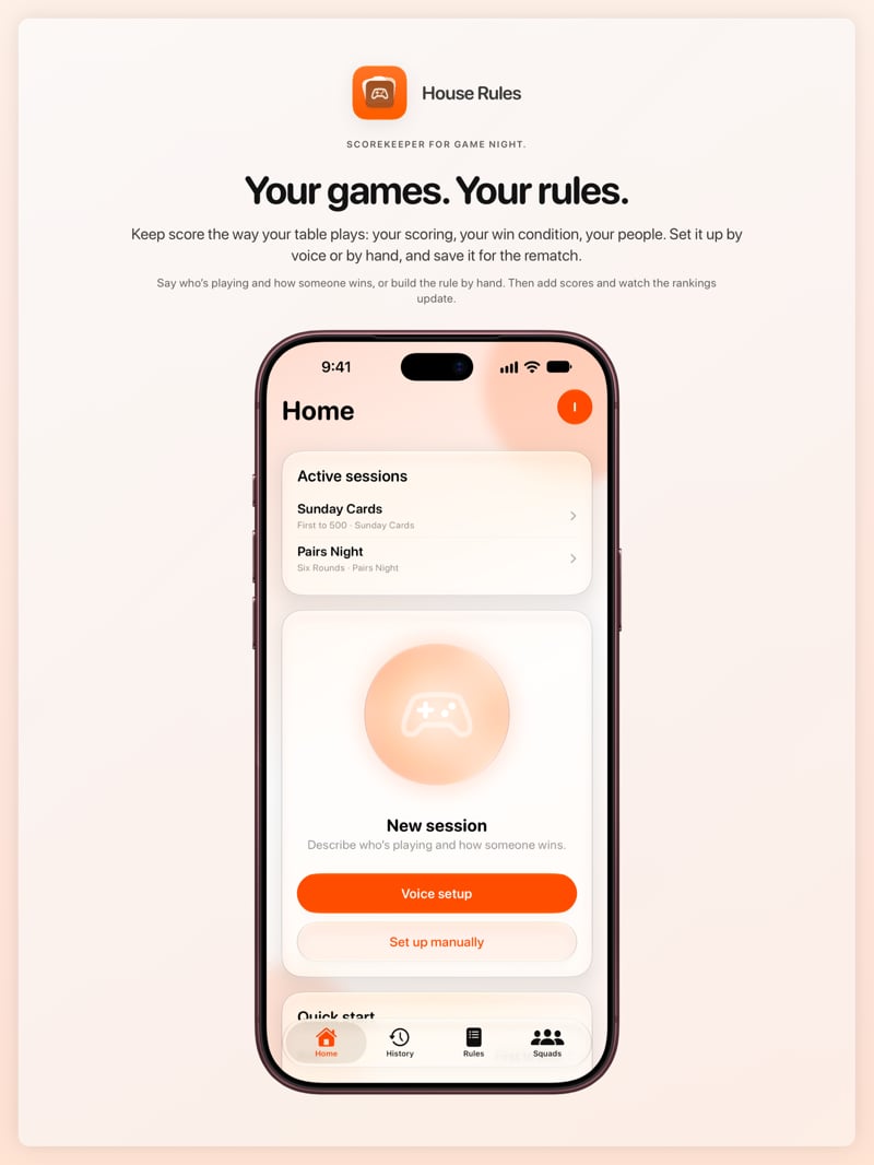 The House Rules share image, showing the app on iPhone 18 Pro Max with its icon, name and headline for the Sunday Cards session, in the Orange tint, light appearance.