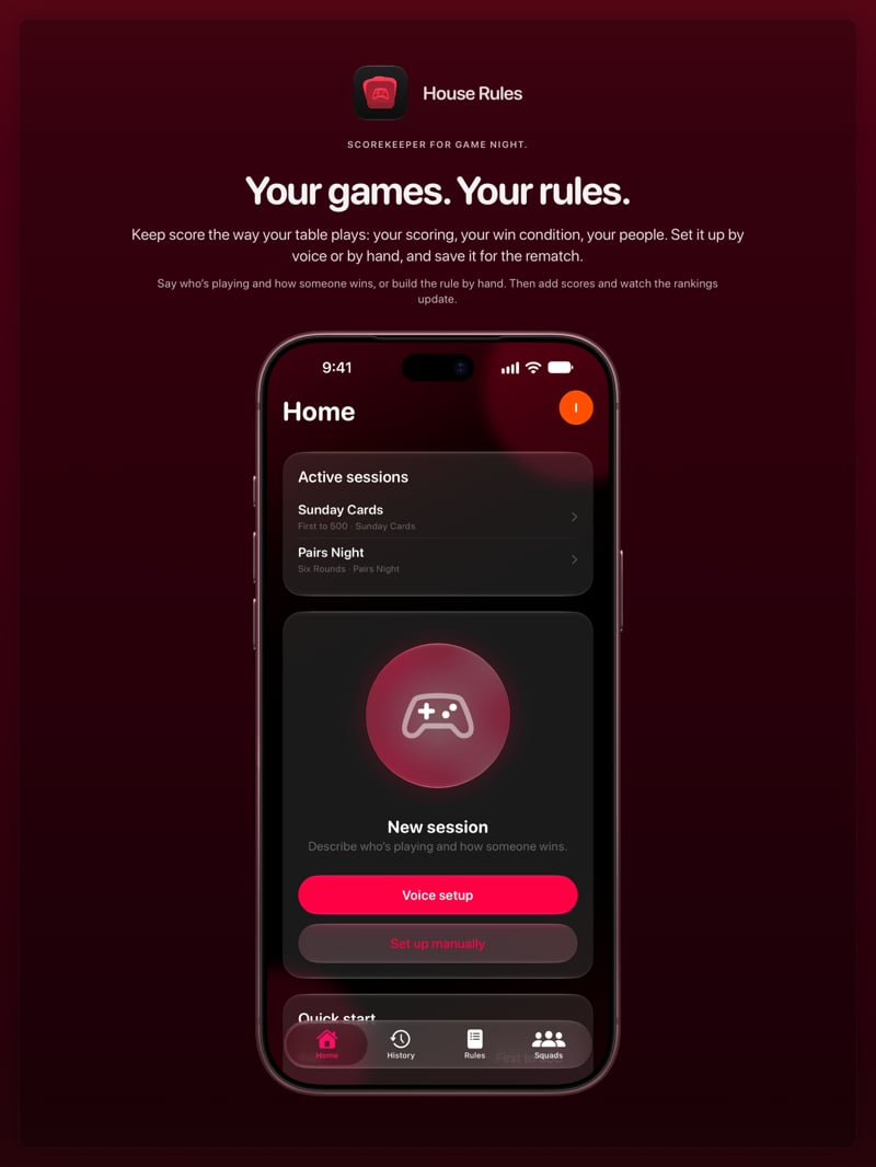 The House Rules share image, showing the app on iPhone 18 Pro Max with its icon, name and headline for the Sunday Cards session, in the Pink tint, dark appearance.