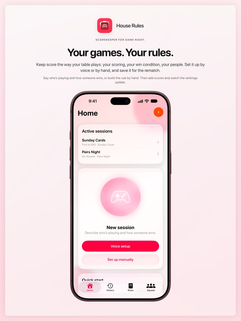 The House Rules share image, showing the app on iPhone 18 Pro Max with its icon, name and headline for the Sunday Cards session, in the Pink tint, light appearance.