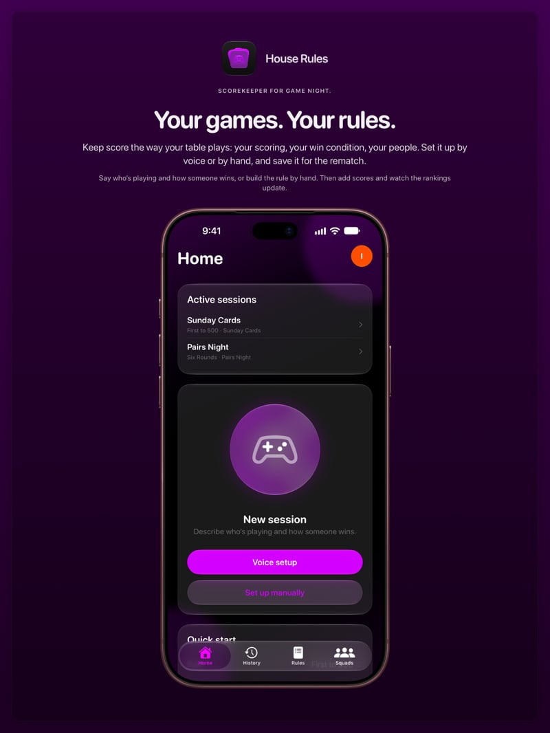 The House Rules share image, showing the app on iPhone 18 Pro Max with its icon, name and headline for the Sunday Cards session, in the Purple tint, dark appearance.