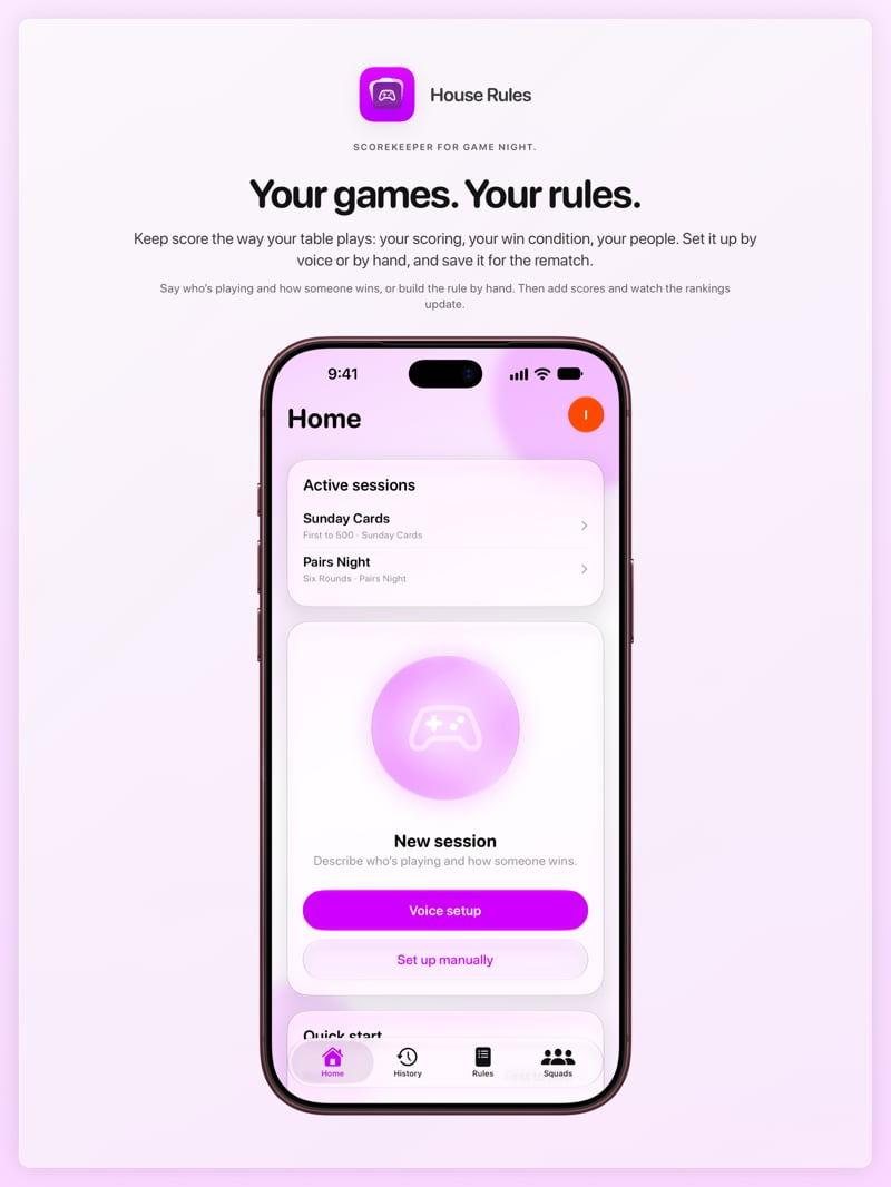 The House Rules share image, showing the app on iPhone 18 Pro Max with its icon, name and headline for the Sunday Cards session, in the Purple tint, light appearance.