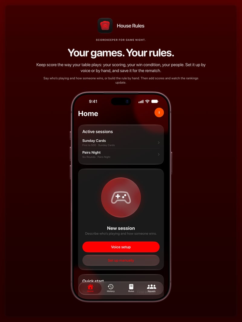 The House Rules share image, showing the app on iPhone 18 Pro Max with its icon, name and headline for the Sunday Cards session, in the Red tint, dark appearance.