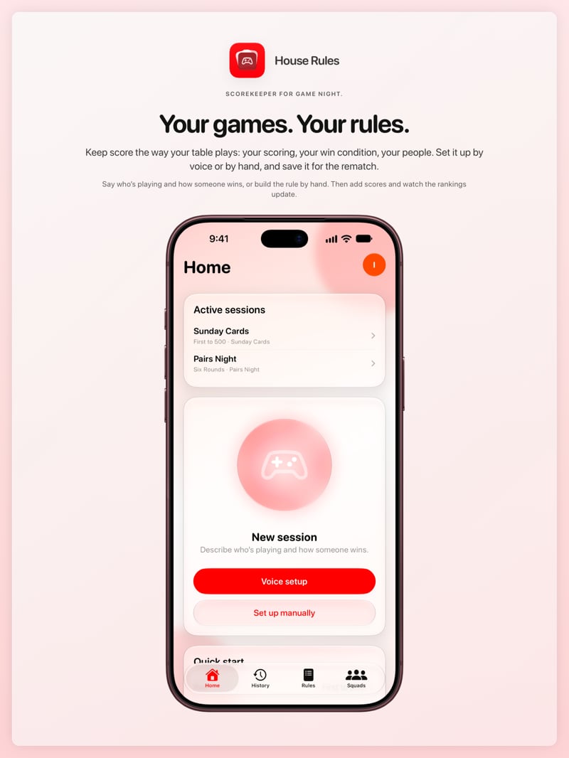 The House Rules share image, showing the app on iPhone 18 Pro Max with its icon, name and headline for the Sunday Cards session, in the Red tint, light appearance.