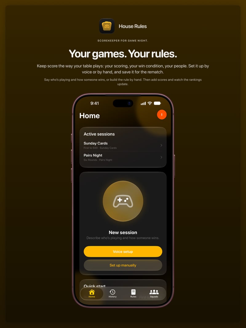 The House Rules share image, showing the app on iPhone 18 Pro Max with its icon, name and headline for the Sunday Cards session, in the Yellow tint, dark appearance.