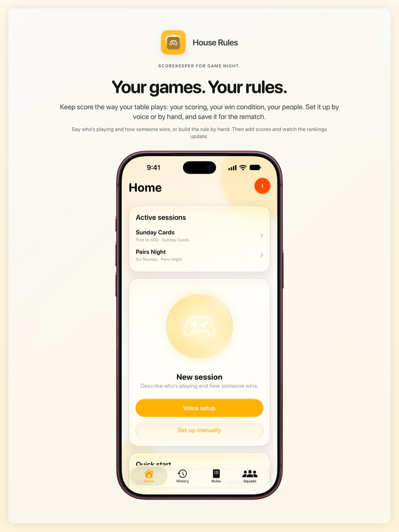 The House Rules share image, showing the app on iPhone 18 Pro Max with its icon, name and headline for the Sunday Cards session, in the Yellow tint, light appearance.
