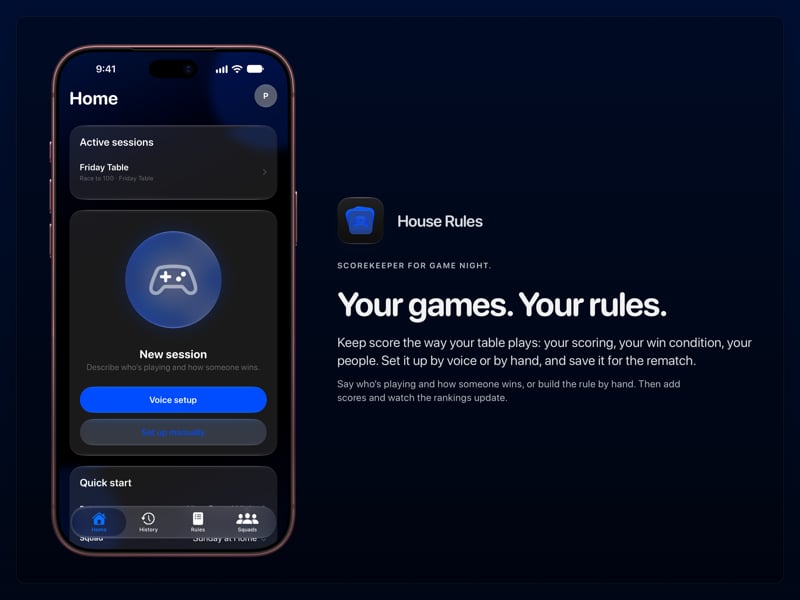 The House Rules share image, showing the app on iPhone 18 Pro Max with its icon, name and headline for the Friday Table session, in the Blue tint, dark appearance.