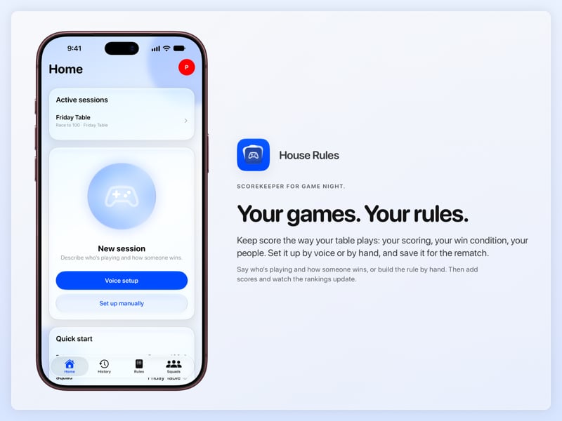 The House Rules share image, showing the app on iPhone 18 Pro Max with its icon, name and headline for the Friday Table session, in the Blue tint, light appearance.