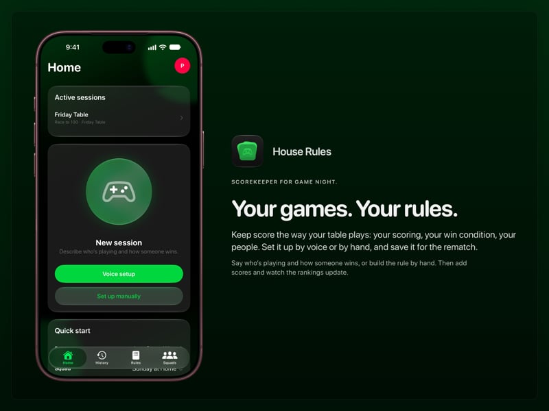 The House Rules share image, showing the app on iPhone 18 Pro Max with its icon, name and headline for the Friday Table session, in the Green tint, dark appearance.
