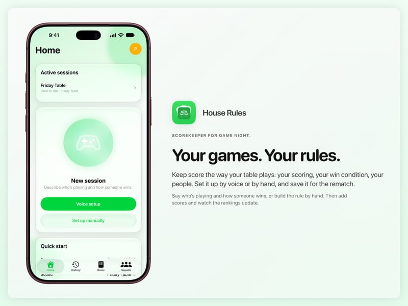 The House Rules share image, showing the app on iPhone 18 Pro Max with its icon, name and headline for the Friday Table session, in the Green tint, light appearance.