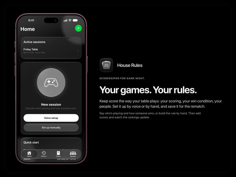The House Rules share image, showing the app on iPhone 18 Pro Max with its icon, name and headline for the Friday Table session, in the Grey tint, dark appearance.