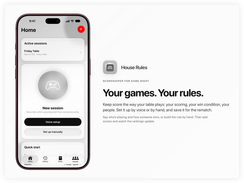 The House Rules share image, showing the app on iPhone 18 Pro Max with its icon, name and headline for the Friday Table session, in the Grey tint, light appearance.
