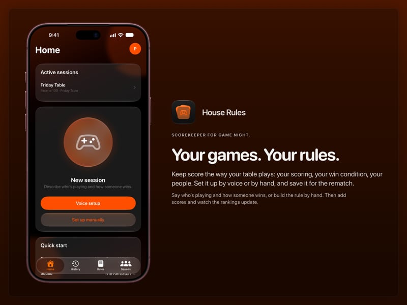 The House Rules share image, showing the app on iPhone 18 Pro Max with its icon, name and headline for the Friday Table session, in the Orange tint, dark appearance.