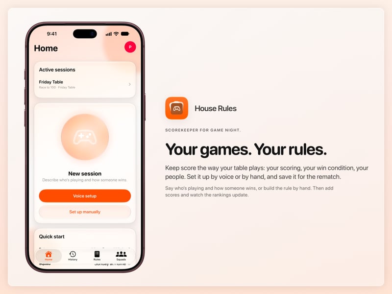 The House Rules share image, showing the app on iPhone 18 Pro Max with its icon, name and headline for the Friday Table session, in the Orange tint, light appearance.