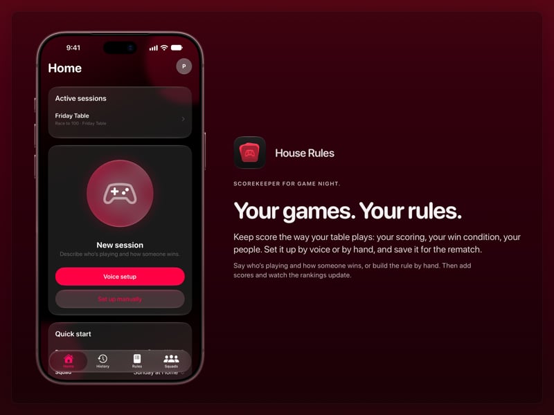 The House Rules share image, showing the app on iPhone 18 Pro Max with its icon, name and headline for the Friday Table session, in the Pink tint, dark appearance.