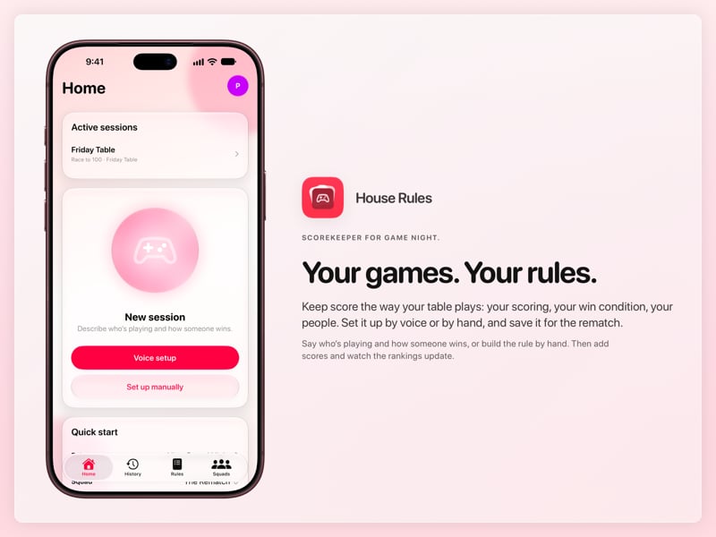 The House Rules share image, showing the app on iPhone 18 Pro Max with its icon, name and headline for the Friday Table session, in the Pink tint, light appearance.