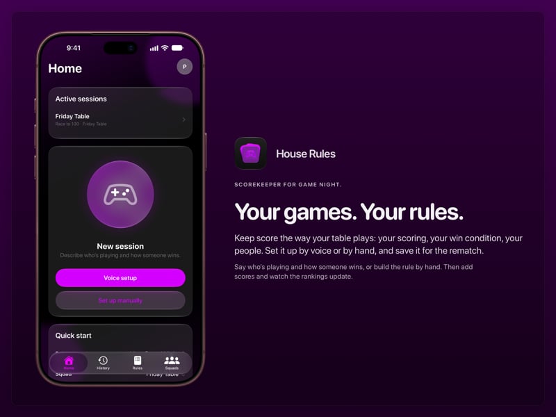 The House Rules share image, showing the app on iPhone 18 Pro Max with its icon, name and headline for the Friday Table session, in the Purple tint, dark appearance.