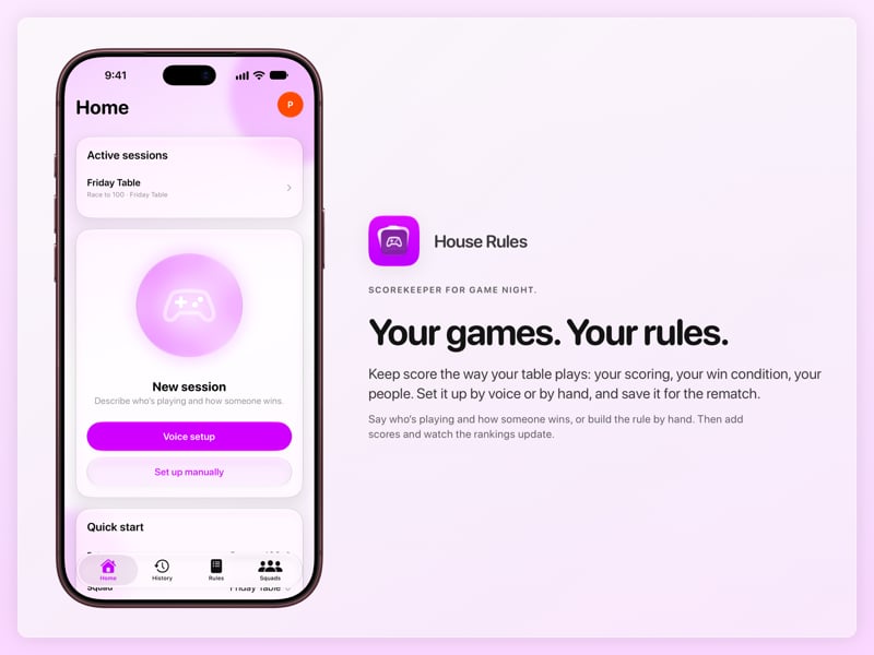 The House Rules share image, showing the app on iPhone 18 Pro Max with its icon, name and headline for the Friday Table session, in the Purple tint, light appearance.