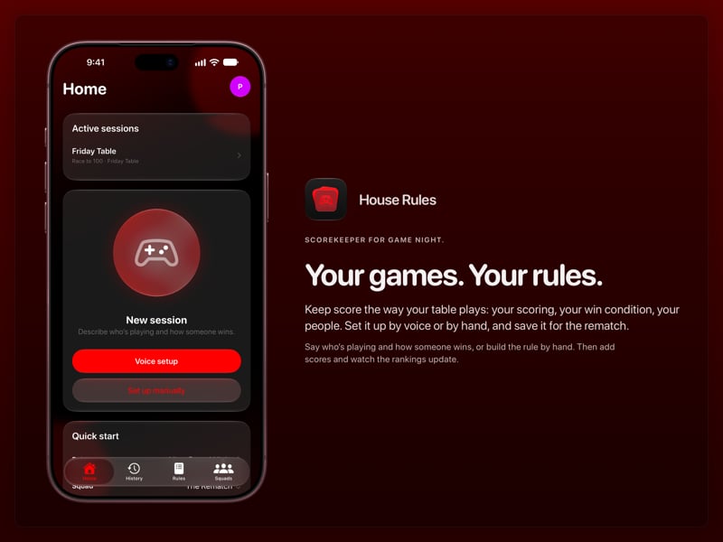 The House Rules share image, showing the app on iPhone 18 Pro Max with its icon, name and headline for the Friday Table session, in the Red tint, dark appearance.