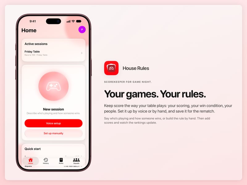 The House Rules share image, showing the app on iPhone 18 Pro Max with its icon, name and headline for the Friday Table session, in the Red tint, light appearance.