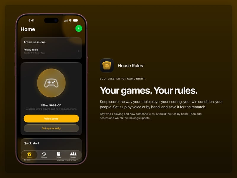 The House Rules share image, showing the app on iPhone 18 Pro Max with its icon, name and headline for the Friday Table session, in the Yellow tint, dark appearance.