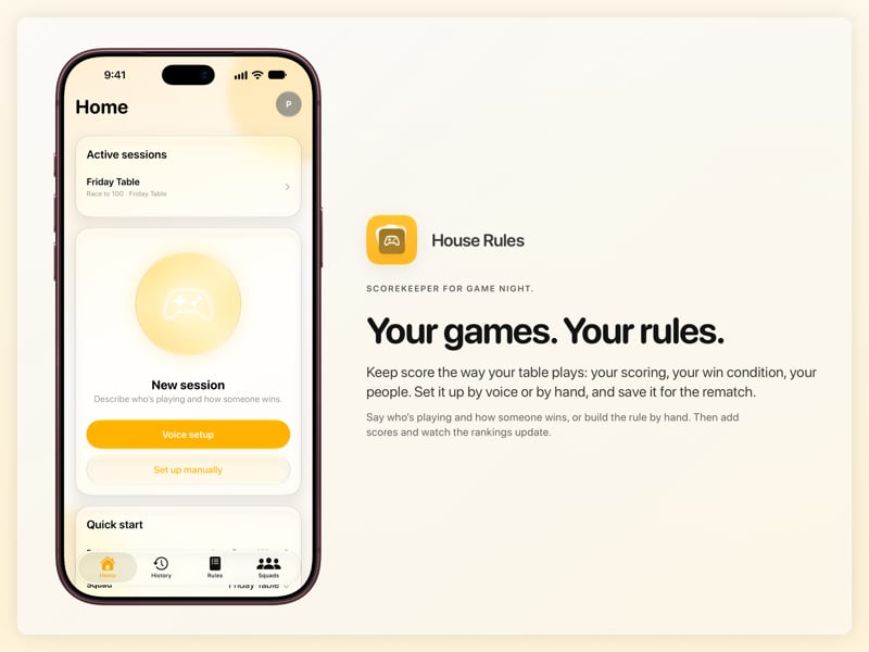 The House Rules share image, showing the app on iPhone 18 Pro Max with its icon, name and headline for the Friday Table session, in the Yellow tint, light appearance.