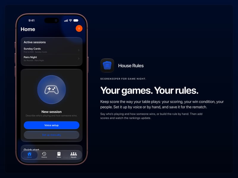The House Rules share image, showing the app on iPhone 18 Pro Max with its icon, name and headline for the Sunday Cards session, in the Blue tint, dark appearance.