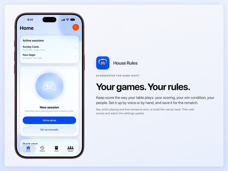 The House Rules share image, showing the app on iPhone 18 Pro Max with its icon, name and headline for the Sunday Cards session, in the Blue tint, light appearance.