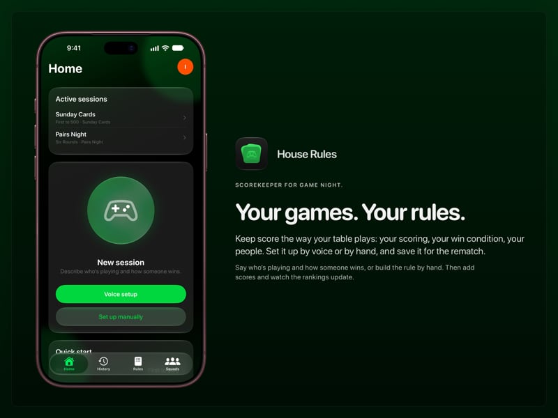The House Rules share image, showing the app on iPhone 18 Pro Max with its icon, name and headline for the Sunday Cards session, in the Green tint, dark appearance.