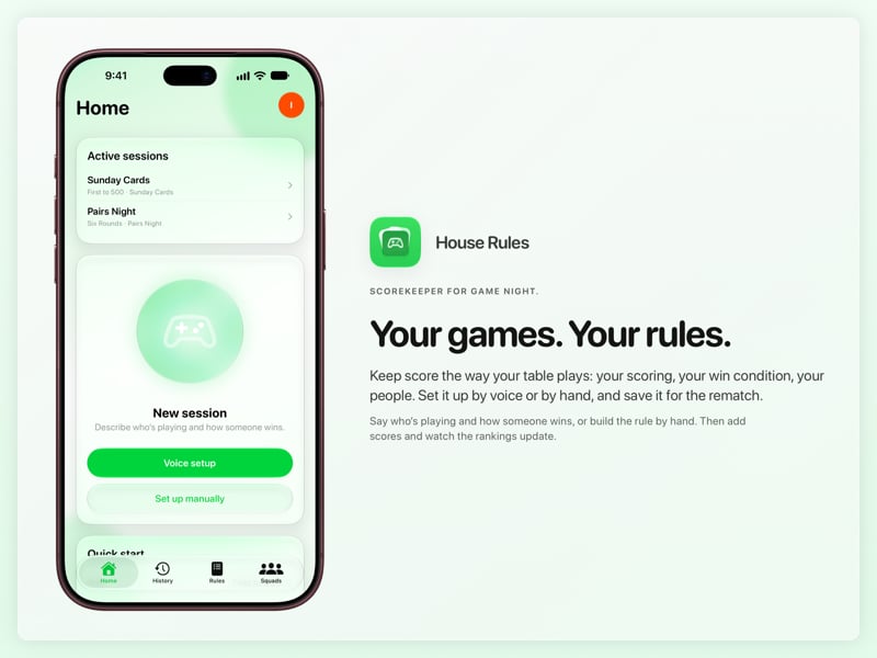 The House Rules share image, showing the app on iPhone 18 Pro Max with its icon, name and headline for the Sunday Cards session, in the Green tint, light appearance.