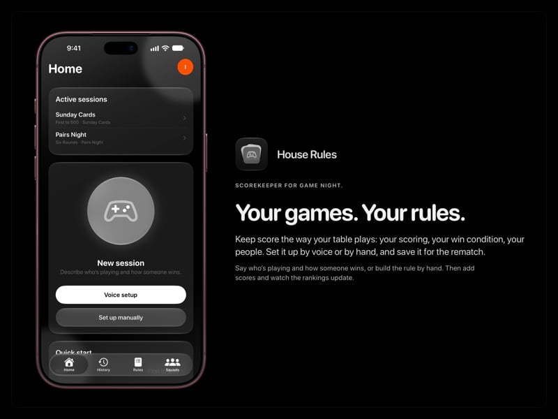 The House Rules share image, showing the app on iPhone 18 Pro Max with its icon, name and headline for the Sunday Cards session, in the Grey tint, dark appearance.
