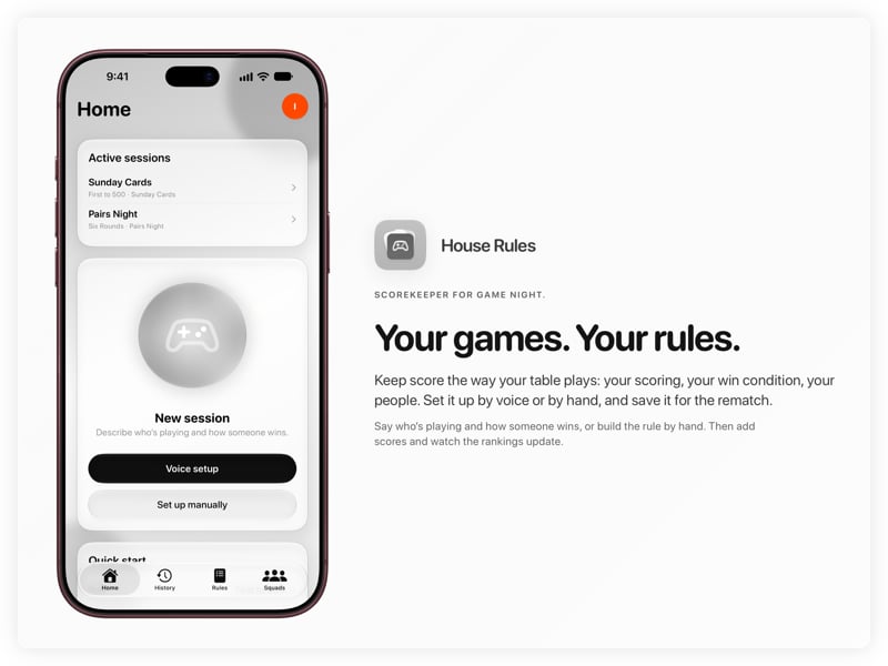 The House Rules share image, showing the app on iPhone 18 Pro Max with its icon, name and headline for the Sunday Cards session, in the Grey tint, light appearance.
