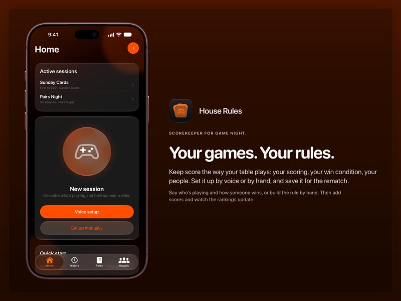 The House Rules share image, showing the app on iPhone 18 Pro Max with its icon, name and headline for the Sunday Cards session, in the Orange tint, dark appearance.