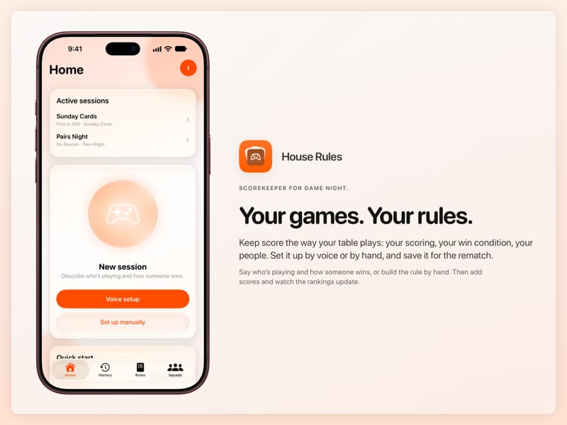The House Rules share image, showing the app on iPhone 18 Pro Max with its icon, name and headline for the Sunday Cards session, in the Orange tint, light appearance.