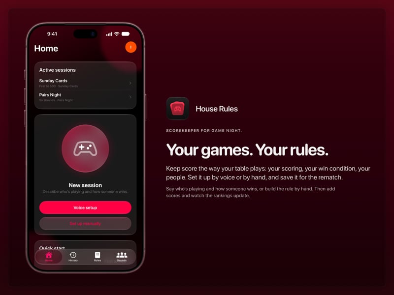 The House Rules share image, showing the app on iPhone 18 Pro Max with its icon, name and headline for the Sunday Cards session, in the Pink tint, dark appearance.