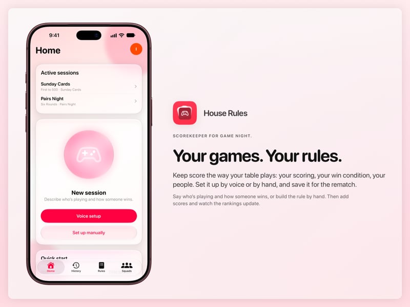 The House Rules share image, showing the app on iPhone 18 Pro Max with its icon, name and headline for the Sunday Cards session, in the Pink tint, light appearance.