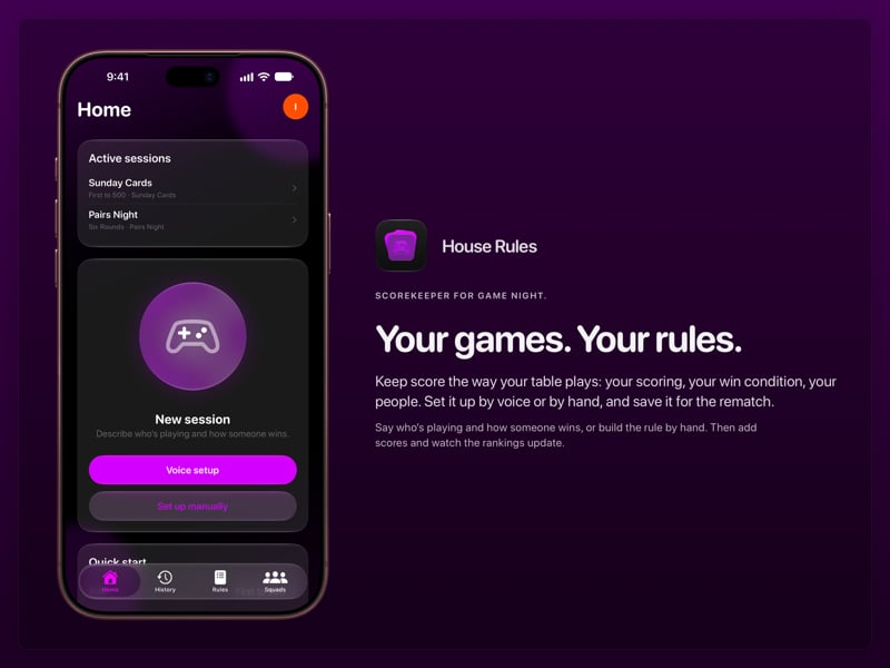 The House Rules share image, showing the app on iPhone 18 Pro Max with its icon, name and headline for the Sunday Cards session, in the Purple tint, dark appearance.