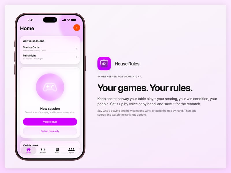 The House Rules share image, showing the app on iPhone 18 Pro Max with its icon, name and headline for the Sunday Cards session, in the Purple tint, light appearance.