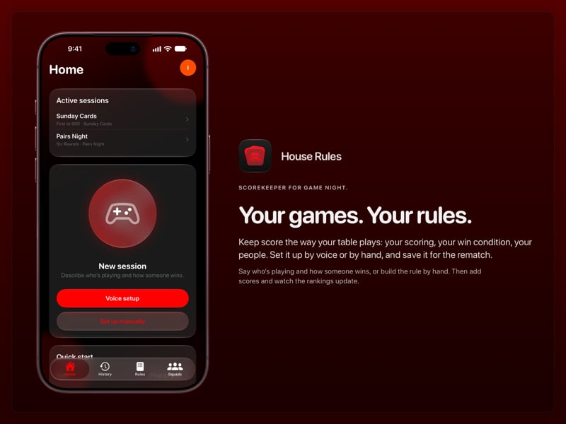 The House Rules share image, showing the app on iPhone 18 Pro Max with its icon, name and headline for the Sunday Cards session, in the Red tint, dark appearance.