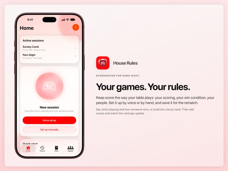The House Rules share image, showing the app on iPhone 18 Pro Max with its icon, name and headline for the Sunday Cards session, in the Red tint, light appearance.